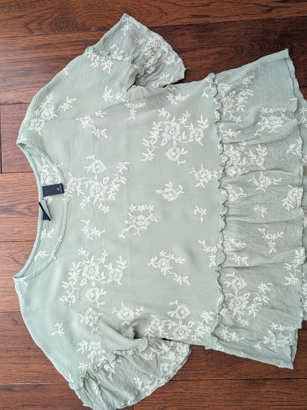 Daytrip Sage Green Embroidered Ruffle Peplum Top